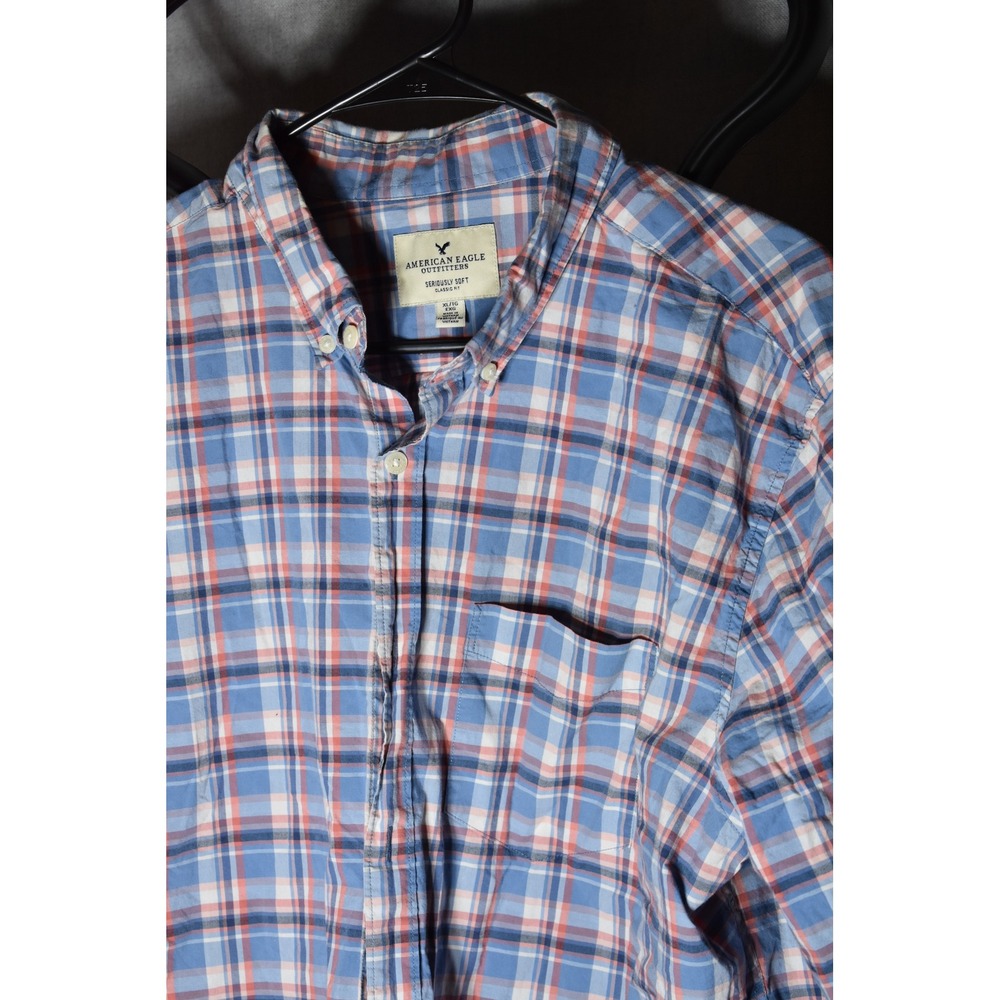 American Eagle Seriously Soft Plaid Button Down Shirt Mens XL Classic Fit Blue